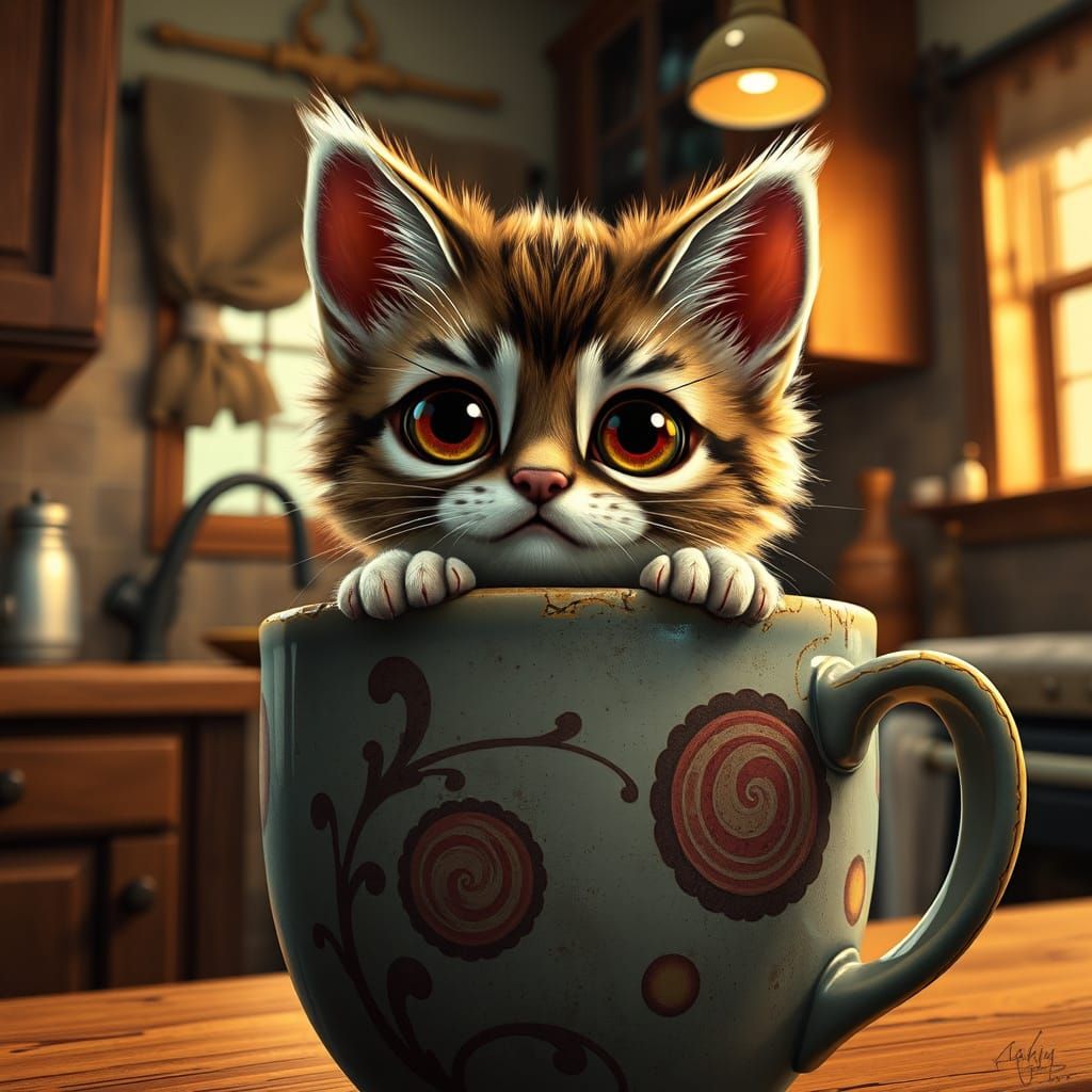 Whimsical Coffee Mug Kitty in a Cozy Kitchen Scene