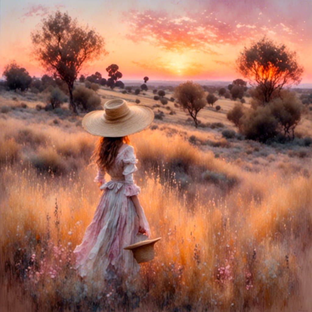 Woman in Hat: Post-Impressionist Watercolour Landscape