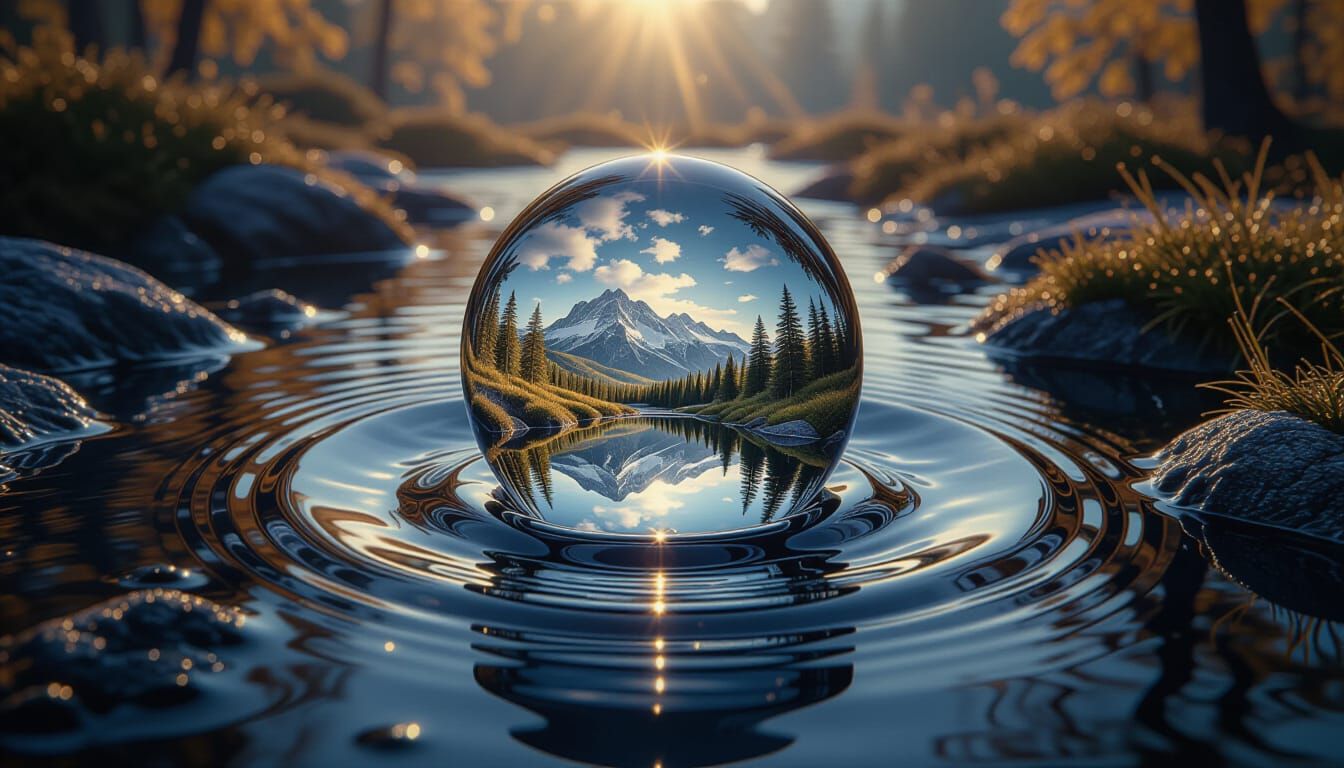 Hyperrealistic Autumn Landscape Inside Water Drop