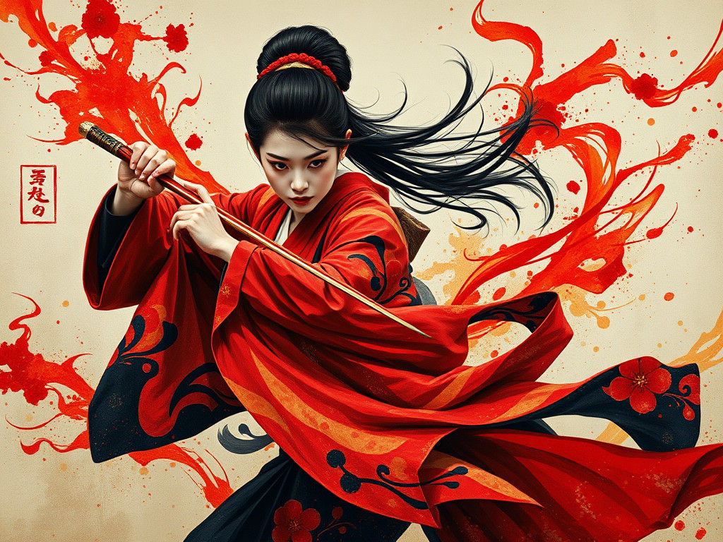 Geisha Warrior Mid-Strike: Expressionist Mixed Media Art