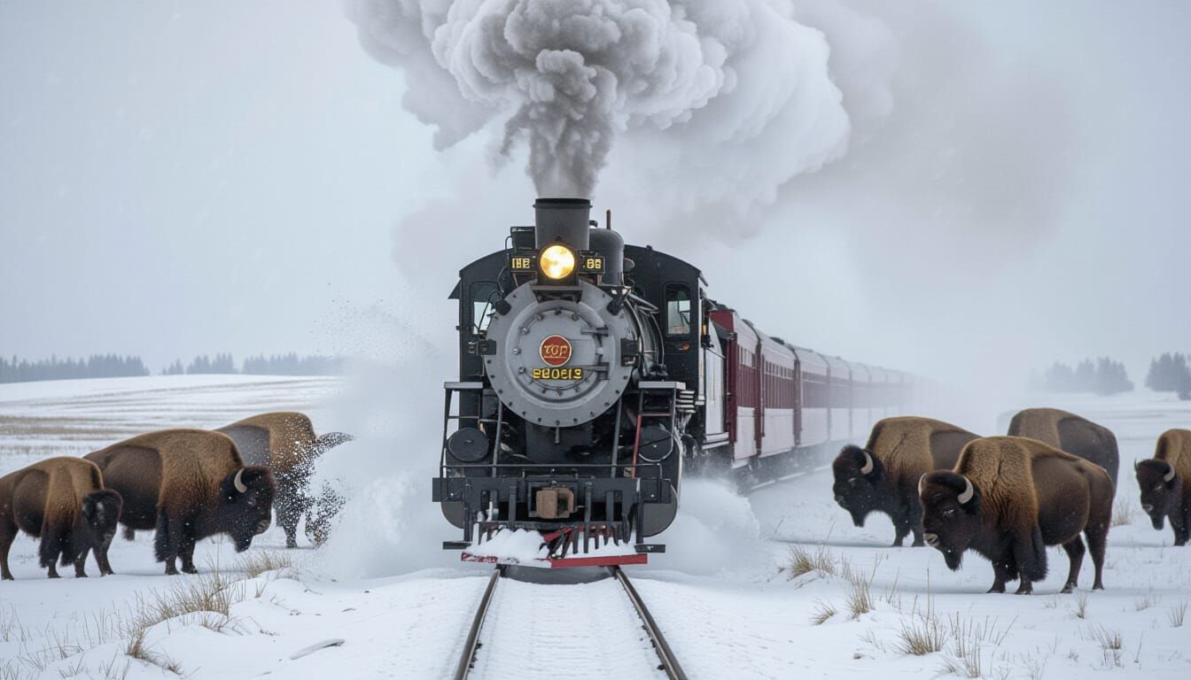 19th Century Steam Train Plows Through Blizzard with Bison