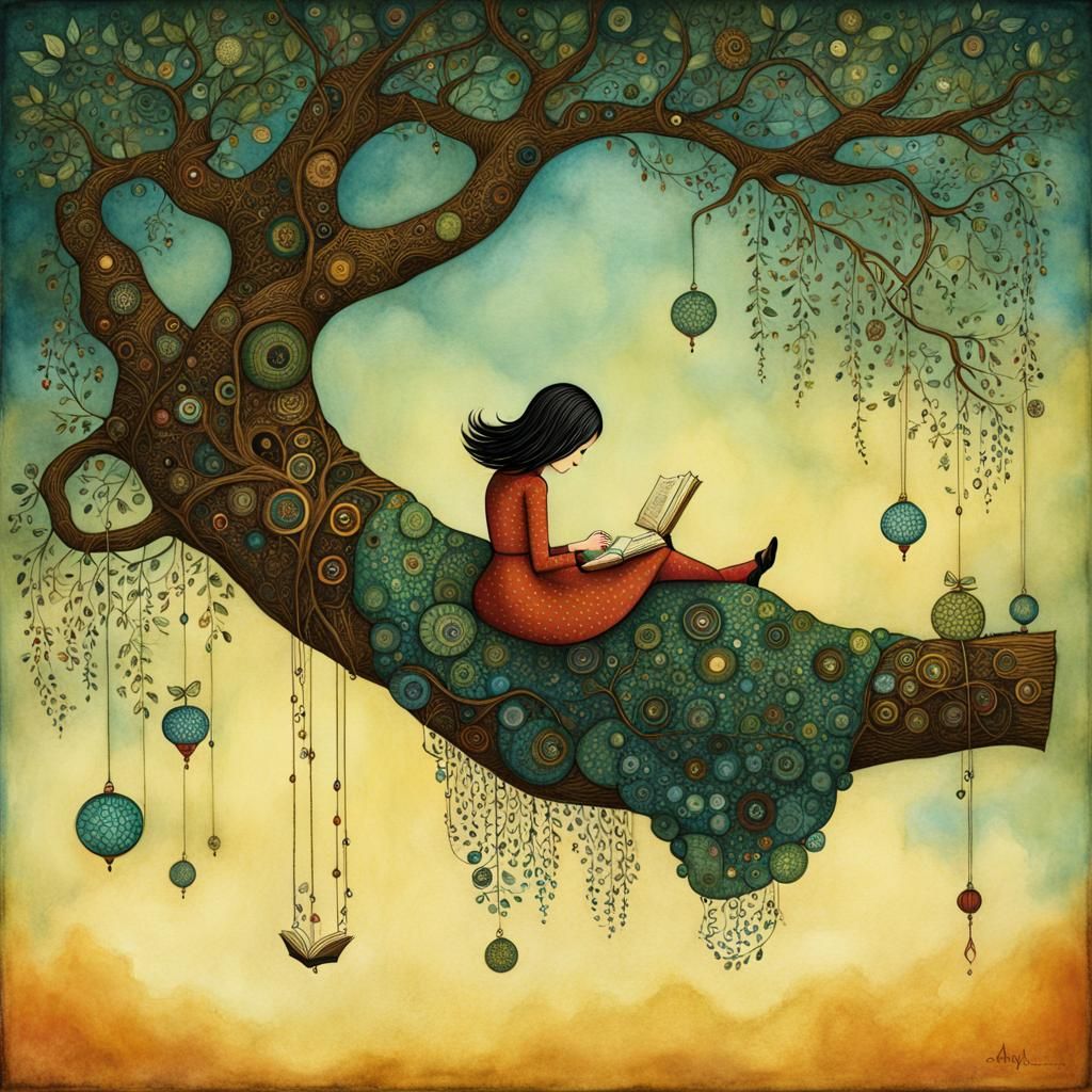 Girl Reads Upside Down in Watercolor Zentangle