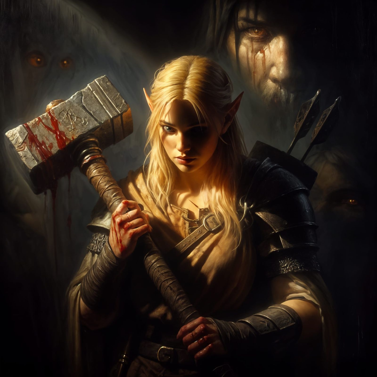 Tenebrism Oil Painting of Resolute Elf Warrior