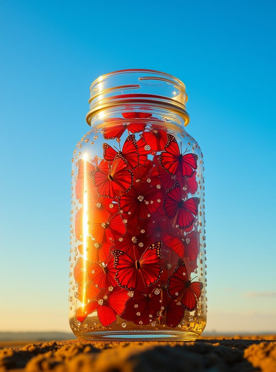 Crystal Jar of Rhinestone Butterflies in Sunlight