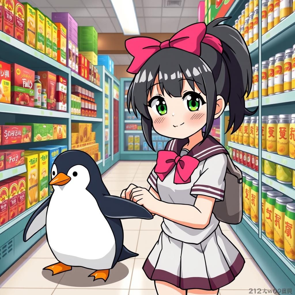 Girl and Penguin's Grocery Adventure in Anime Style