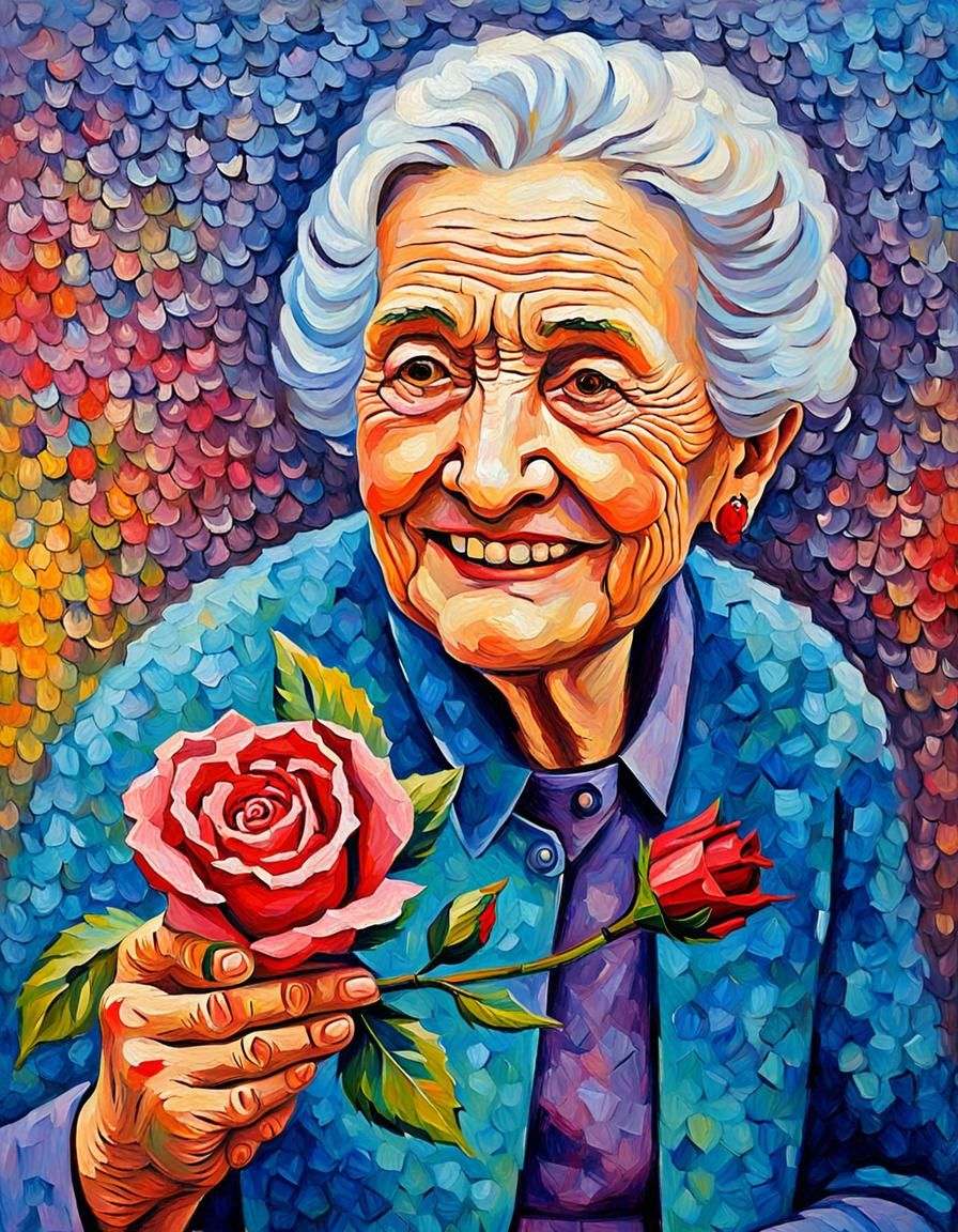 Elder Woman with Rose: Expressionist Oil Painting