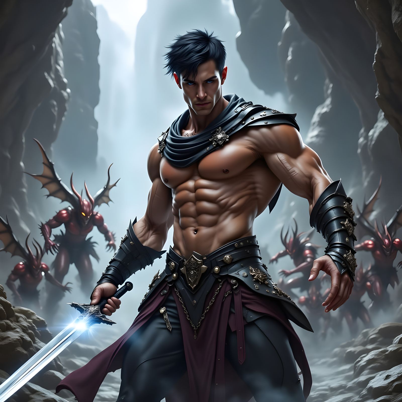 Medieval Fantasy Warrior Battles Demons by a Waterfall