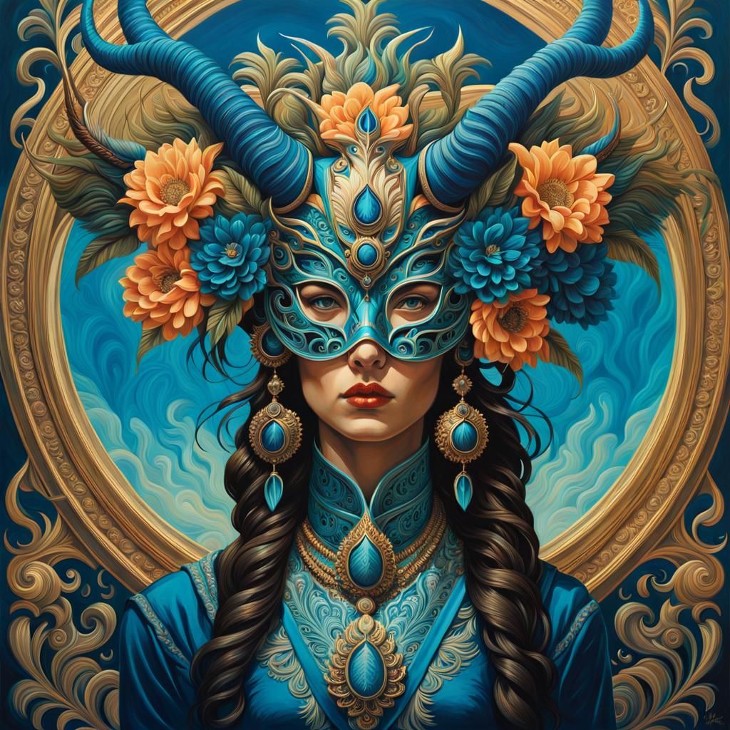 A painting woman with horns & flowers & mask & peacock feath...