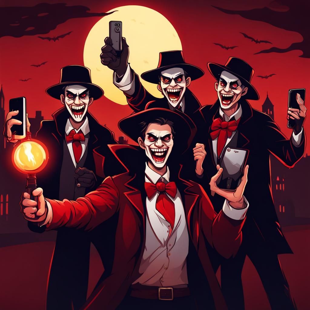 Vampire Hunters Selfie in Gothic City, Pixar Style