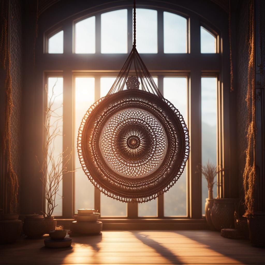 Intricate Macrame Mandala in Sunlight, Atmospheric Matte Pai...