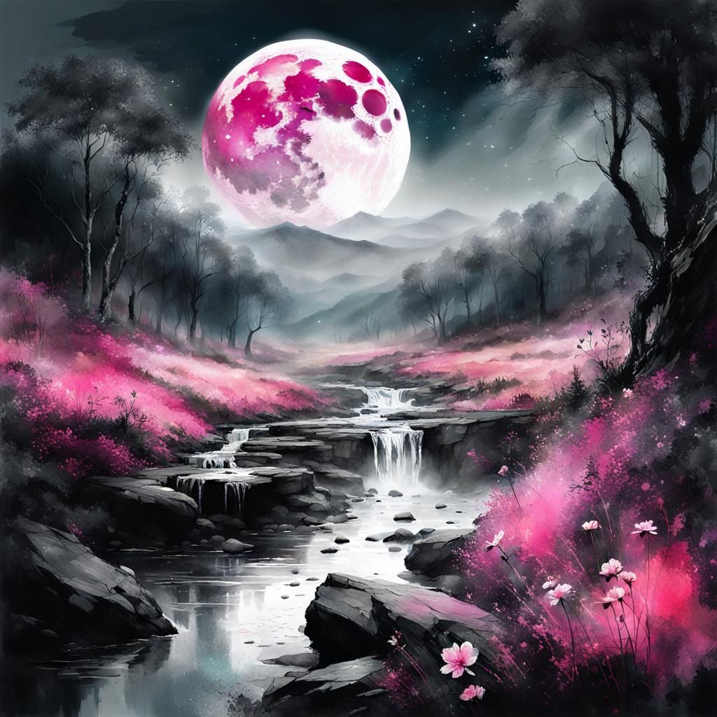 Lush Moonlit Summer Landscape: Watercolor Illustration