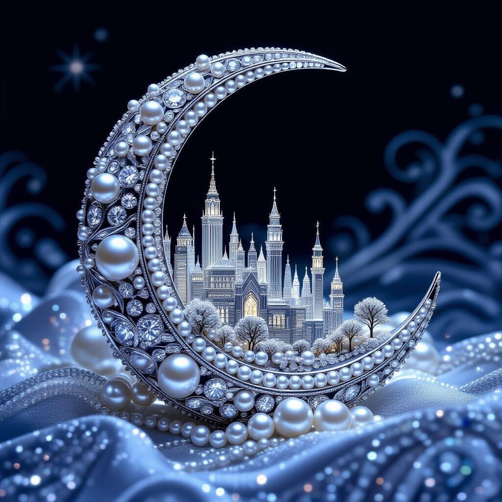 Silver Crescent Moon City with Pearls and Diamonds