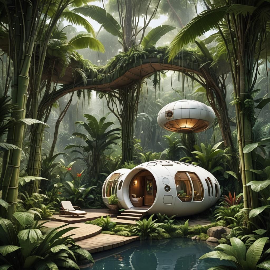 Organic Modern Zen Spaceship Pod in Jungle