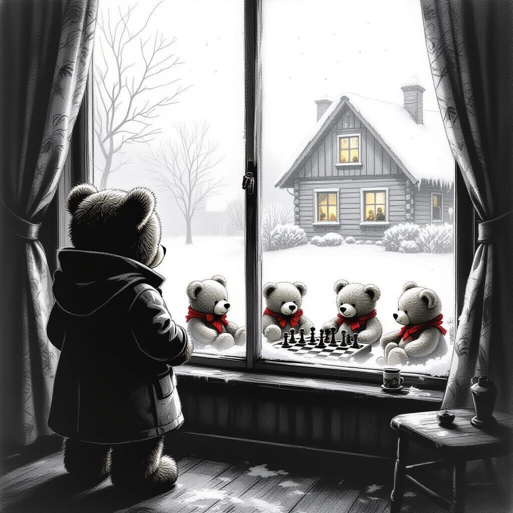 Teddy Bear's Charcoal Gaze Through Foggy Window