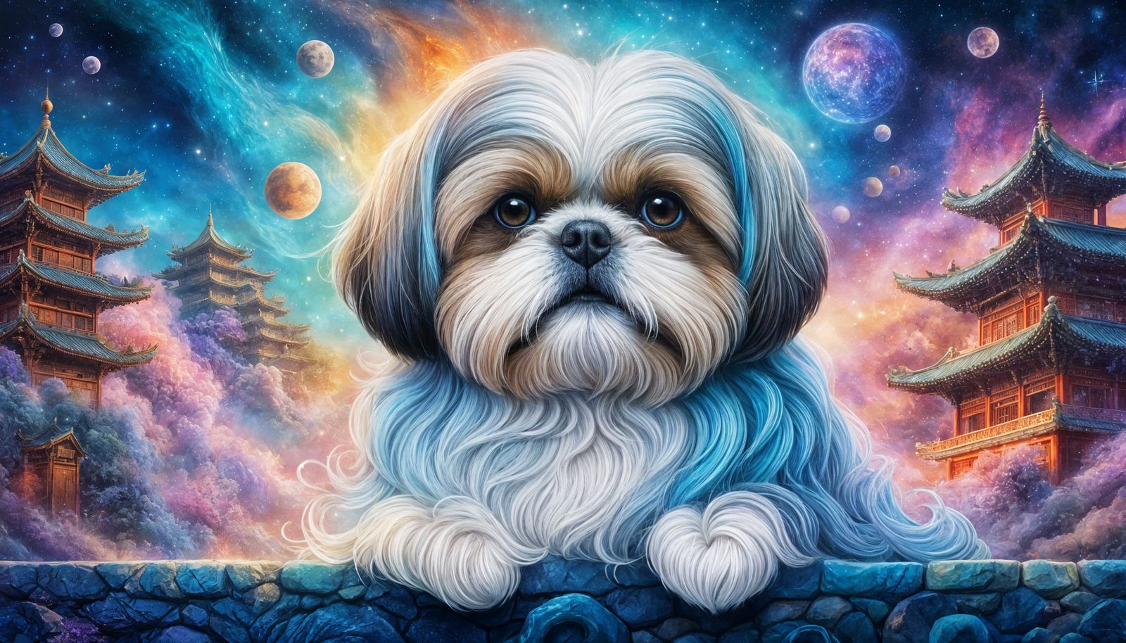 colorful Pencil sketch of A beautiful Shih Tzu on the chinee...