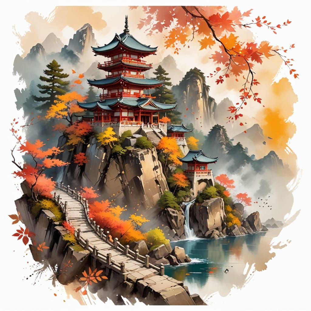 Ethereal Mountain Temple with Drifting Lanterns in Vibrant A...