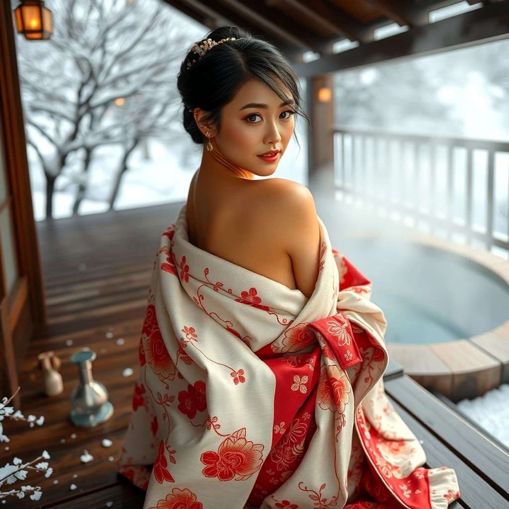 Ethereal Beauty in Snowy Onsen: Japanese Woodblock Print