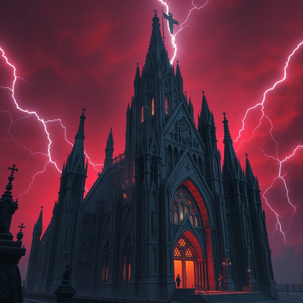Obsidian Gothic Cathedral with Demons Under Red Sky