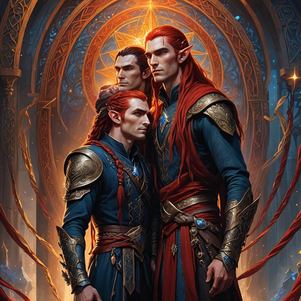 A red banner, with a gold Star of Feanor on it. A tall male ...