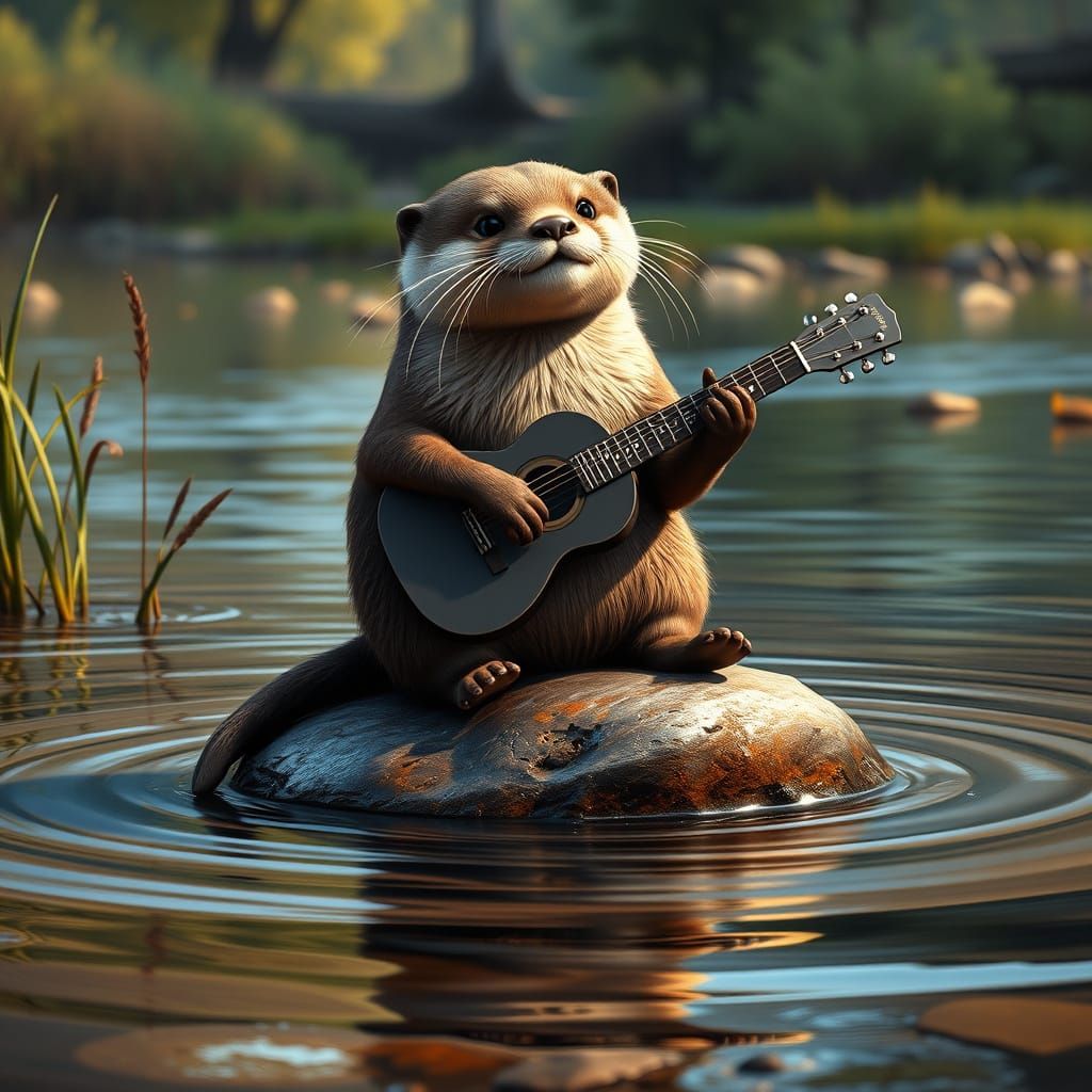 Brown River Otter Plays Guitar on Serene River Rock