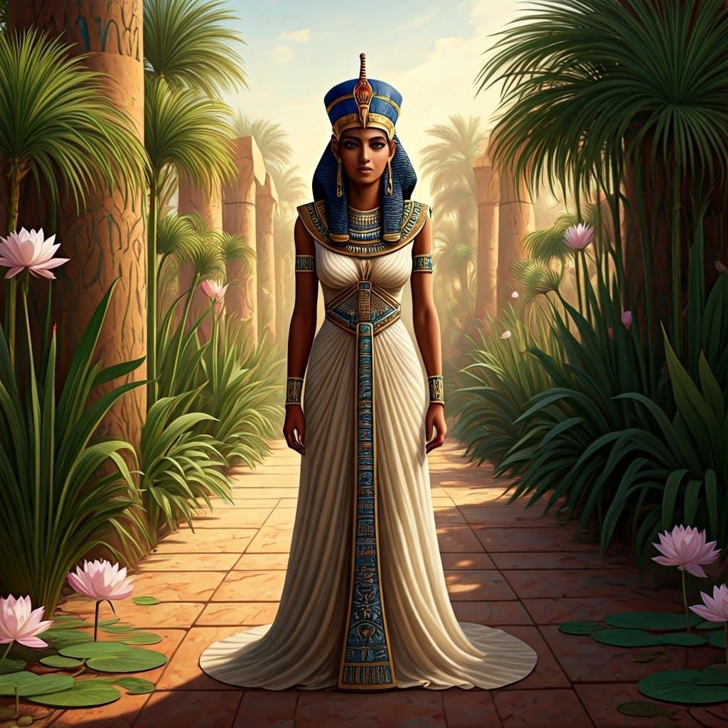 Egyptian Priestess in Lotus Garden, Ancient Realism Style