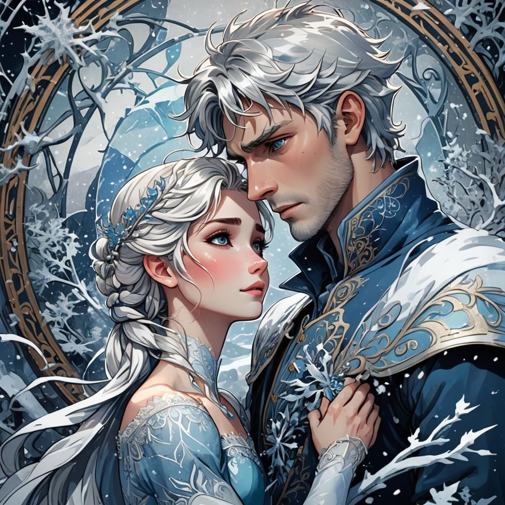 Jack Frost and Elsa in Art Nouveau Blizzard