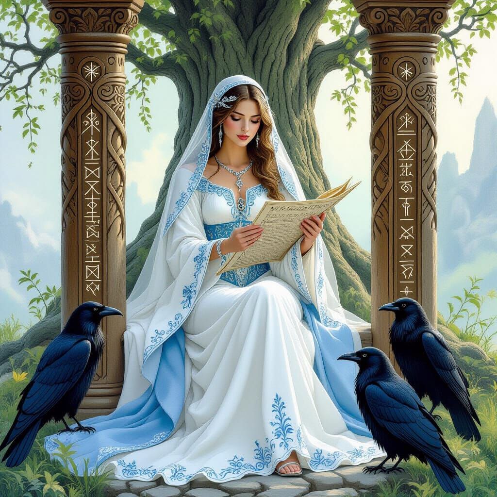 Mystical Norse Woman with Ravens and Ancient Scroll