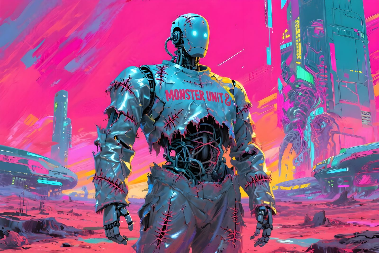 Giant Stitched Android in Vibrant Retro Sci-Fi Landscape