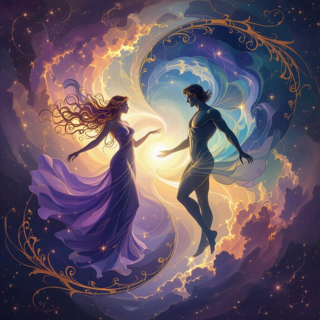 Divine Feminine & Masculine Cosmic Dance in Art Nouveau Styl...