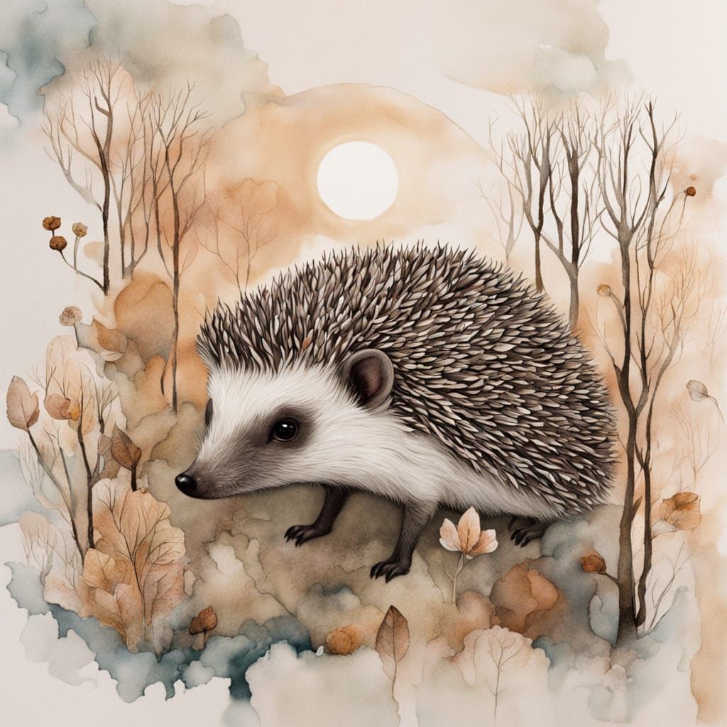 Whimsical Forest Scene of a Hedgehog Under Radiant Moonlight