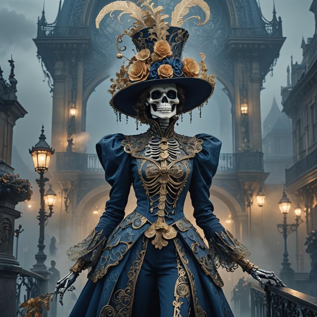 Skeleton Supermodel in Art Nouveau Cityscape