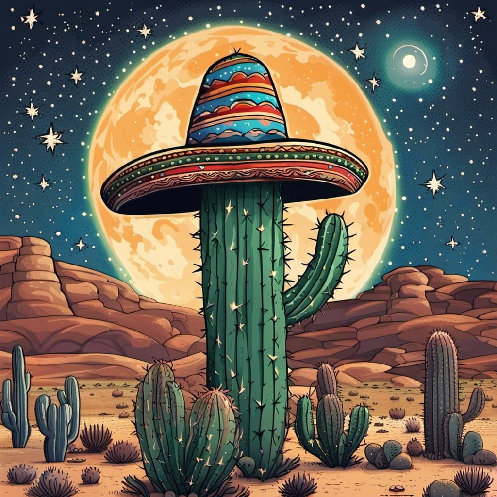 Cactus with Sombrero in Anime Style Desert