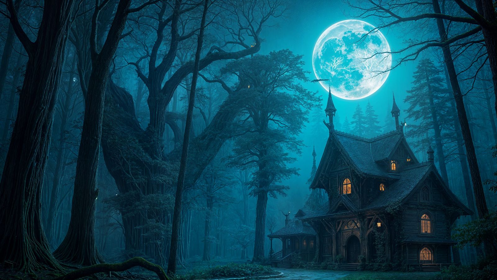 Mystical Elven Forest Under Glowing Moon: Fantasy Ambiance