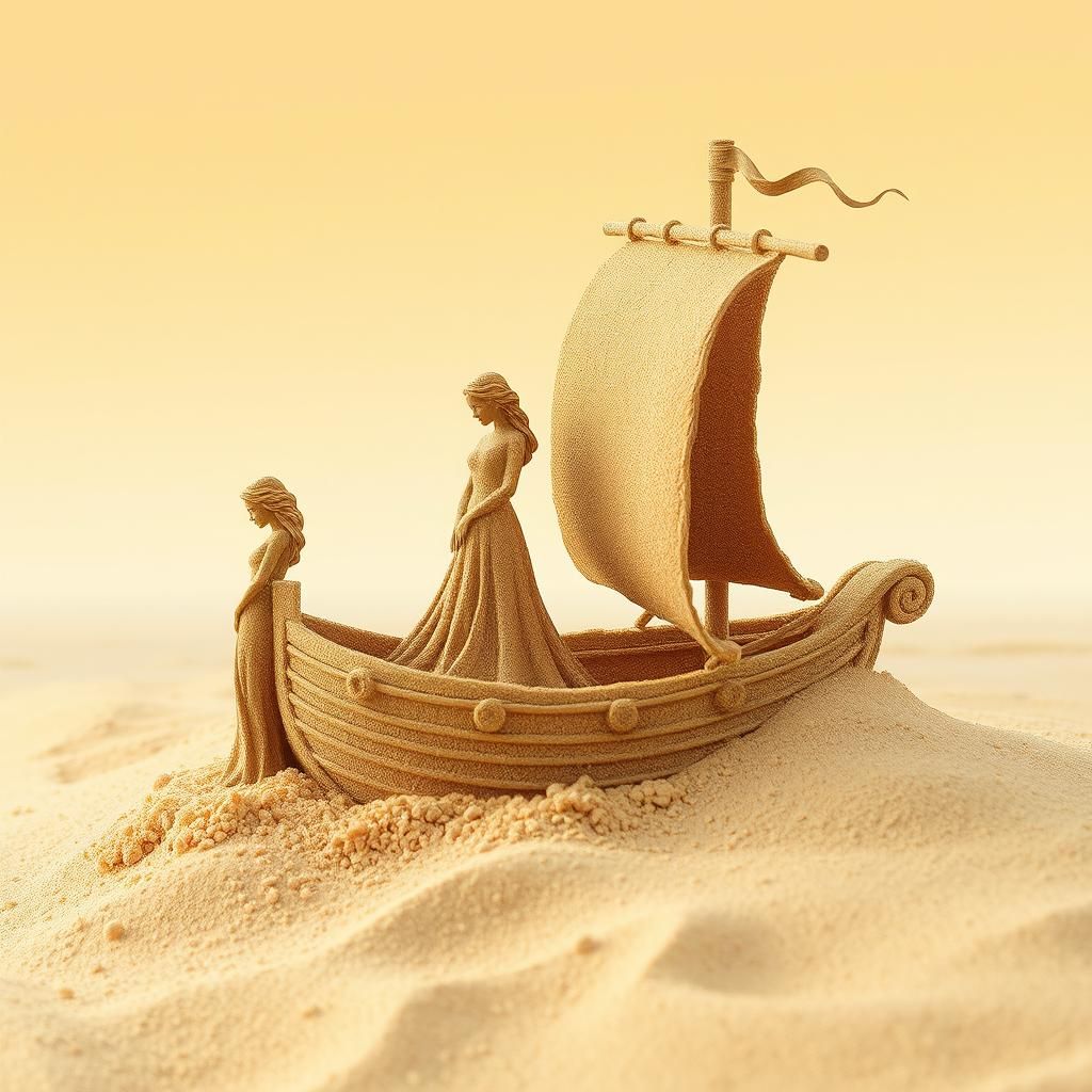 Golden Sand Couple on Sand Ship, Watercolor Art
