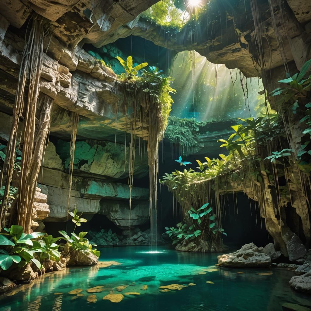 Mystical Cenote with Mayan Ruin and Turquoise Water