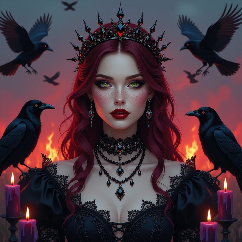 Beautiful Witch with Crows in Matte-Painted Style