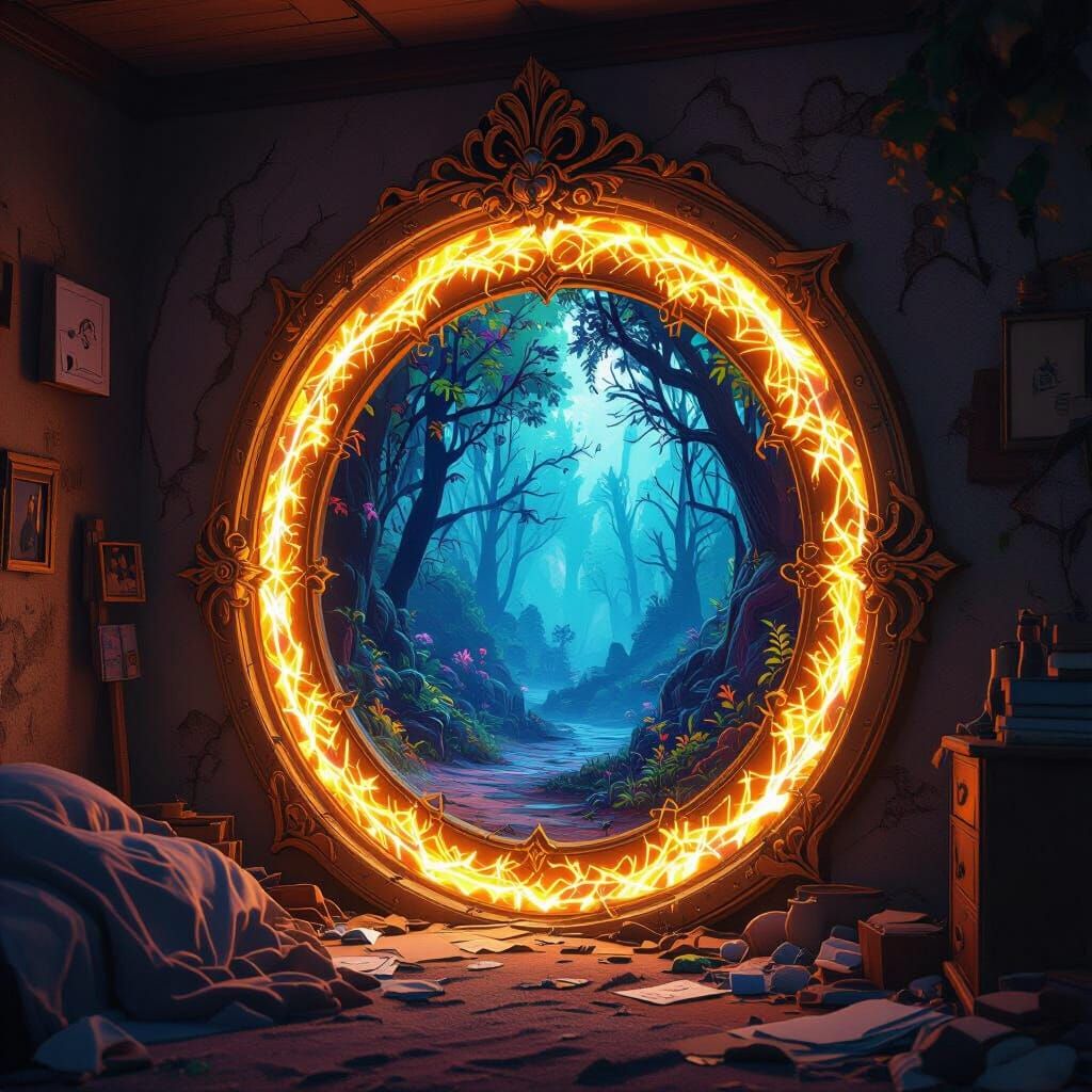 Mystical Forest Portal in a Cluttered Bedroom