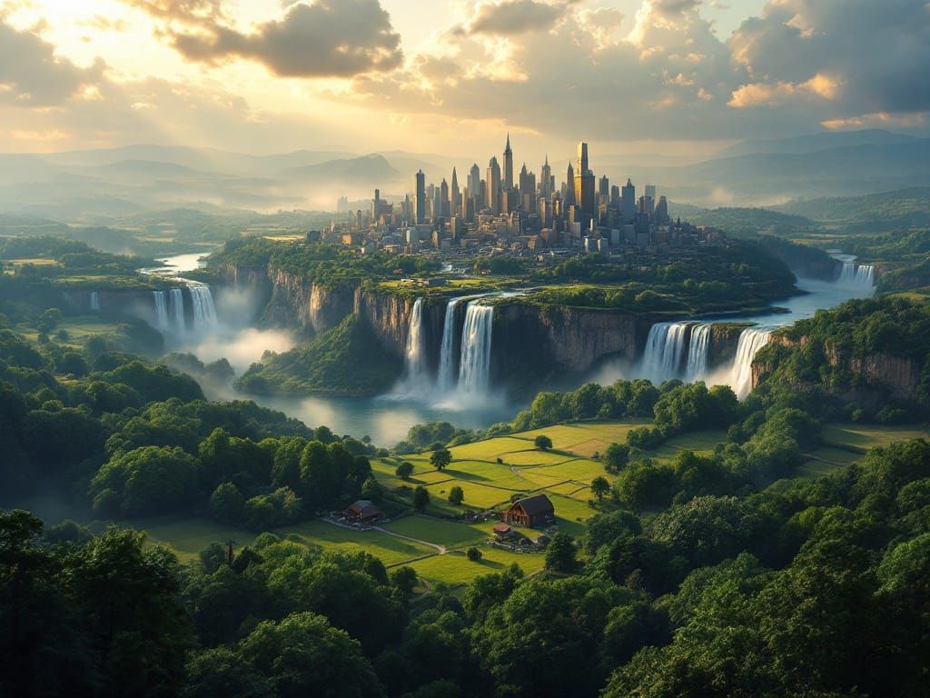 Utopian Landscape with Futuristic City at Sunset