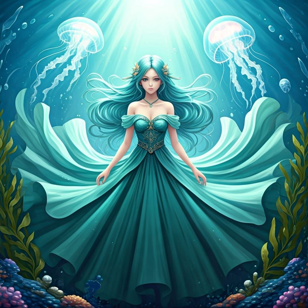Anime Water Goddess in Vibrant Aquatic Scene