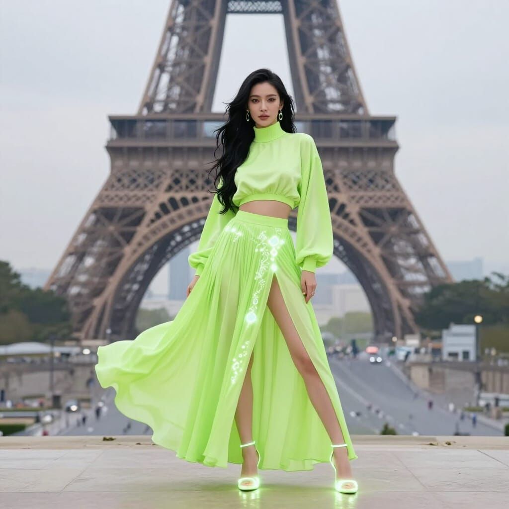 Ethereal Lady Poses Before Eiffel Tower in Fantasy Style