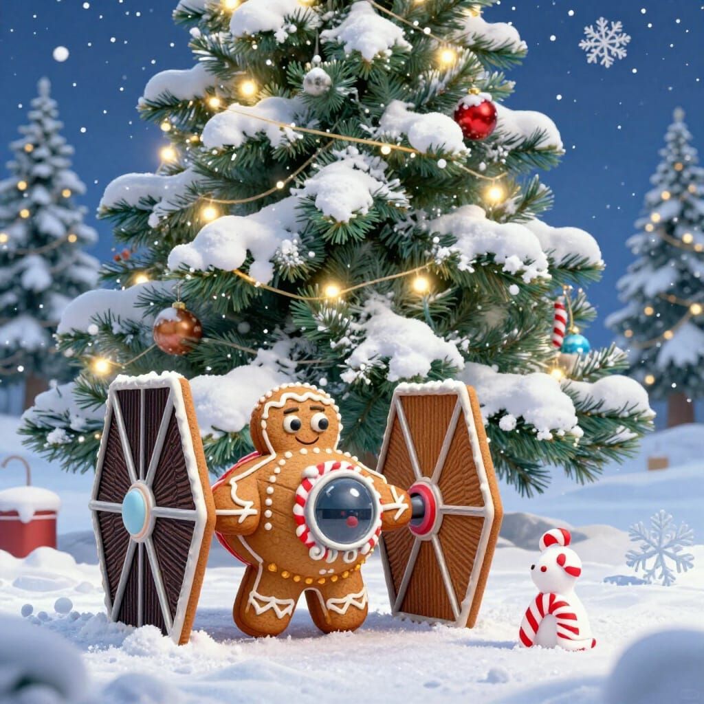 Gingerbread TIE Fighter and Snow Christmas Tree