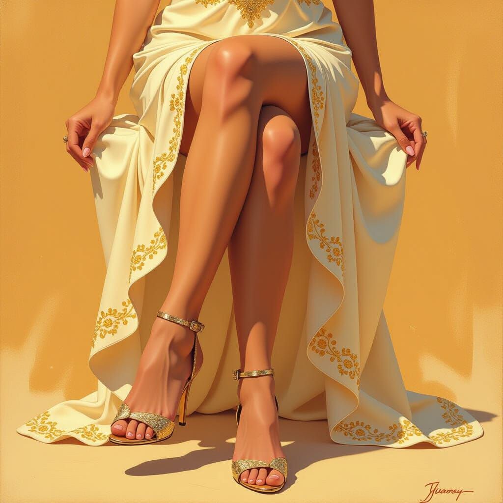 Elegant Female Legs in Flowing Attire, Golden Background