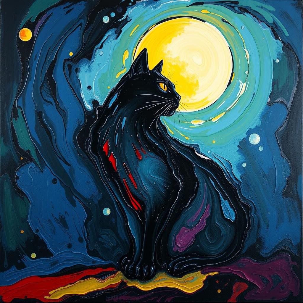 Abstract Black Cat in Moonlight: Impasto Oil Painting