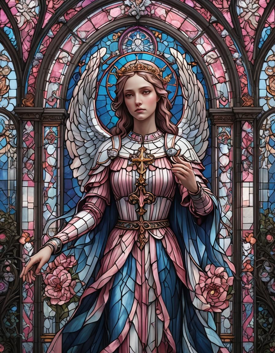 Pink, White and Blue Gothic Stained Glass Angel