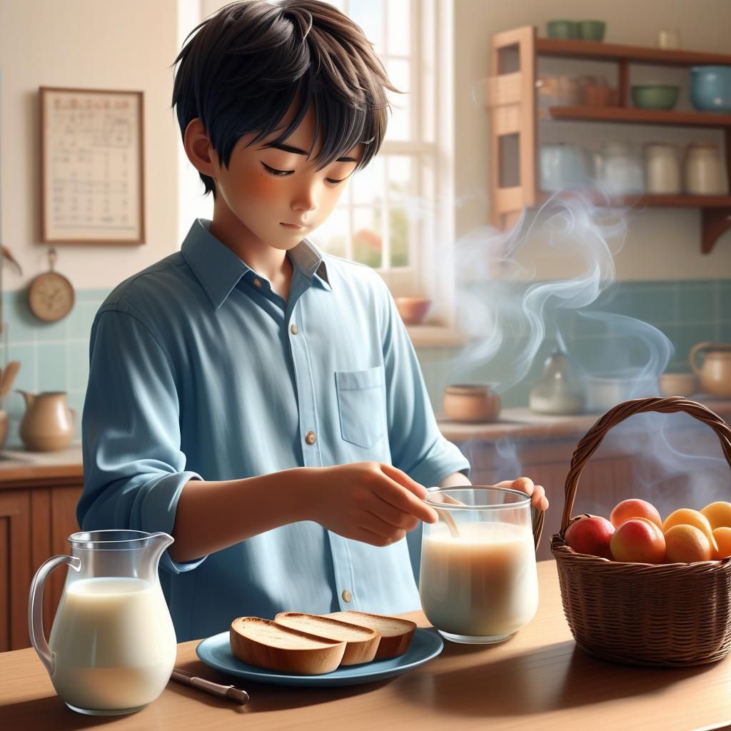 Anime Boy and Milk, Digital Illustration in Pastel Colors