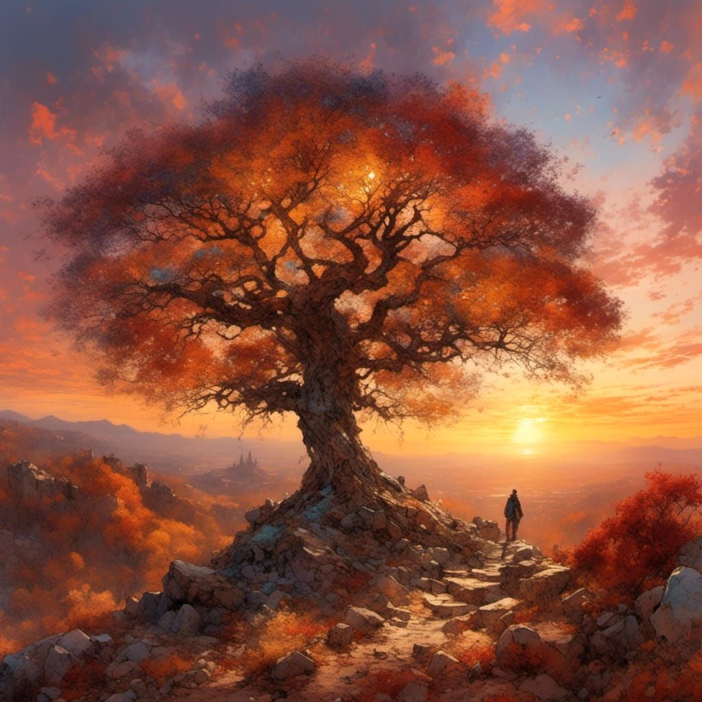 Tree of Life Sunset: Impressionistic Mosaic Art