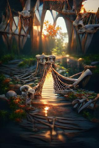 Sunlit Bone Bridge Through Autumn Elven Jungle