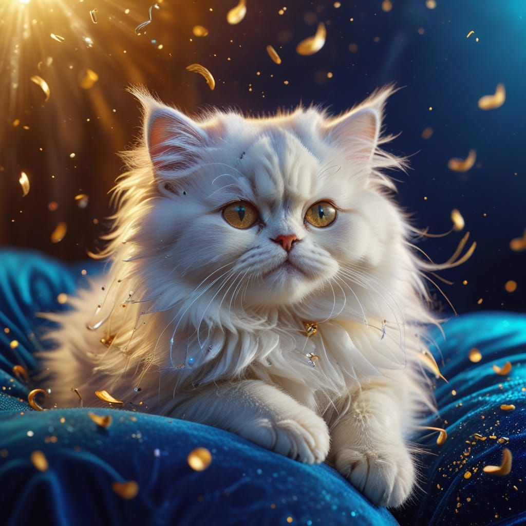 Dreamy Kitten on Blue Cushion in Splash Art