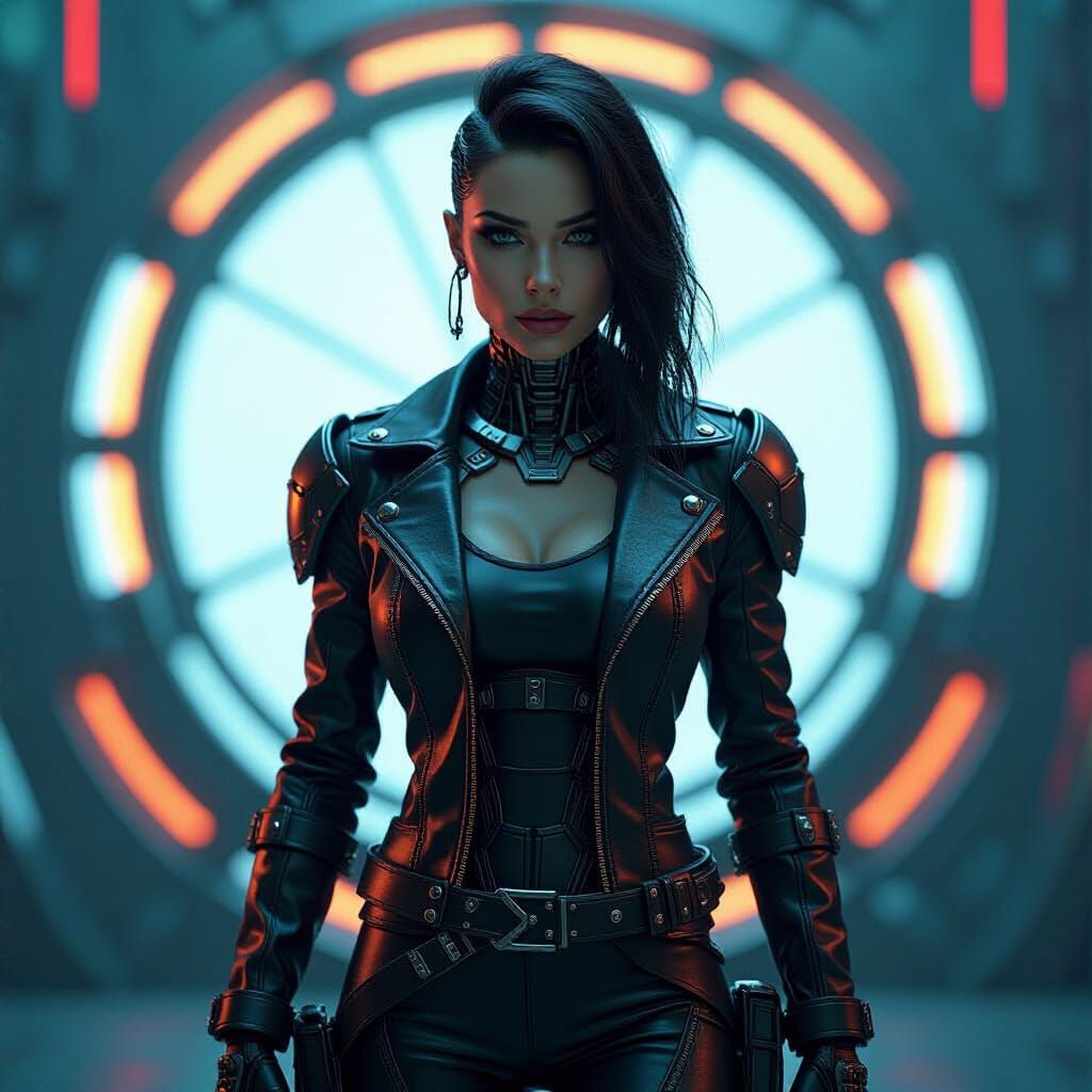 Cyborg Woman Portrait in Gritty Neon Style