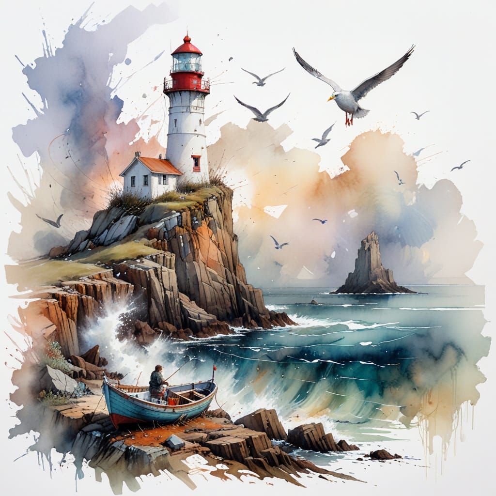 Charming Coastal Lighthouse Amidst Rugged Cliffs and Seagull...